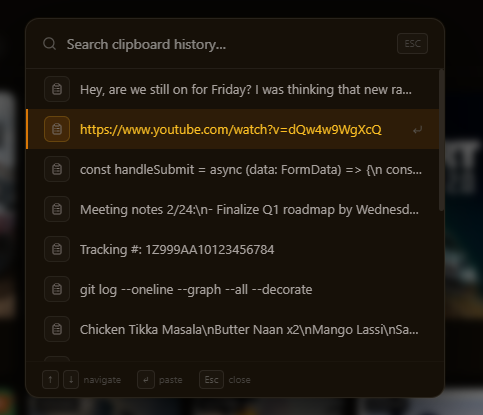 Clipboard command palette