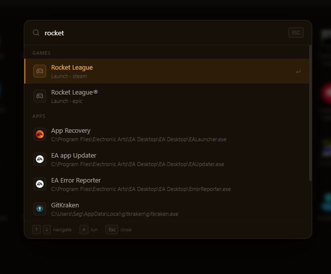 Command palette launching games